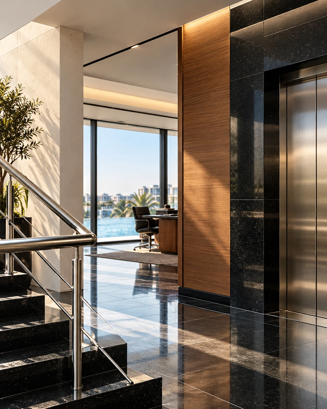 Lift lobby with black granite, walnut panelling and a view through to an office overlooking the water