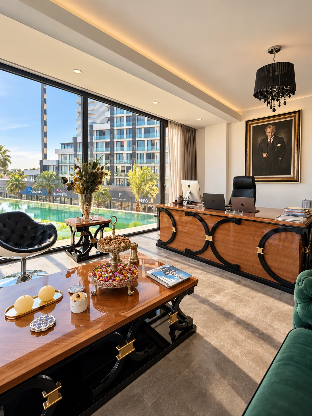Executive office at Barbaros Law Firm with a walnut desk, framed portrait and floor-to-ceiling windows overlooking the pool