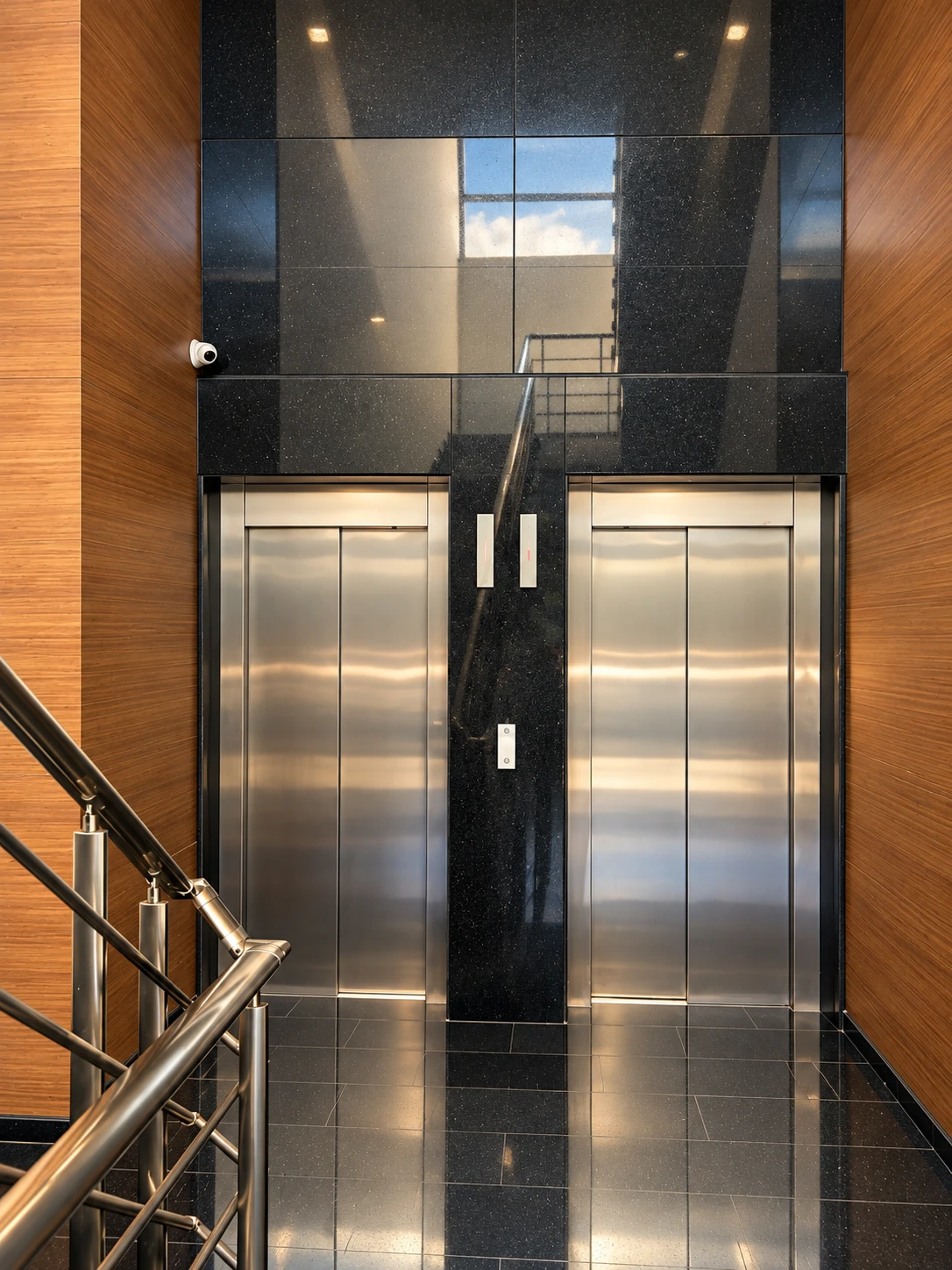 Lift lobby with twin brushed steel lift doors set in black granite between walnut-panelled walls