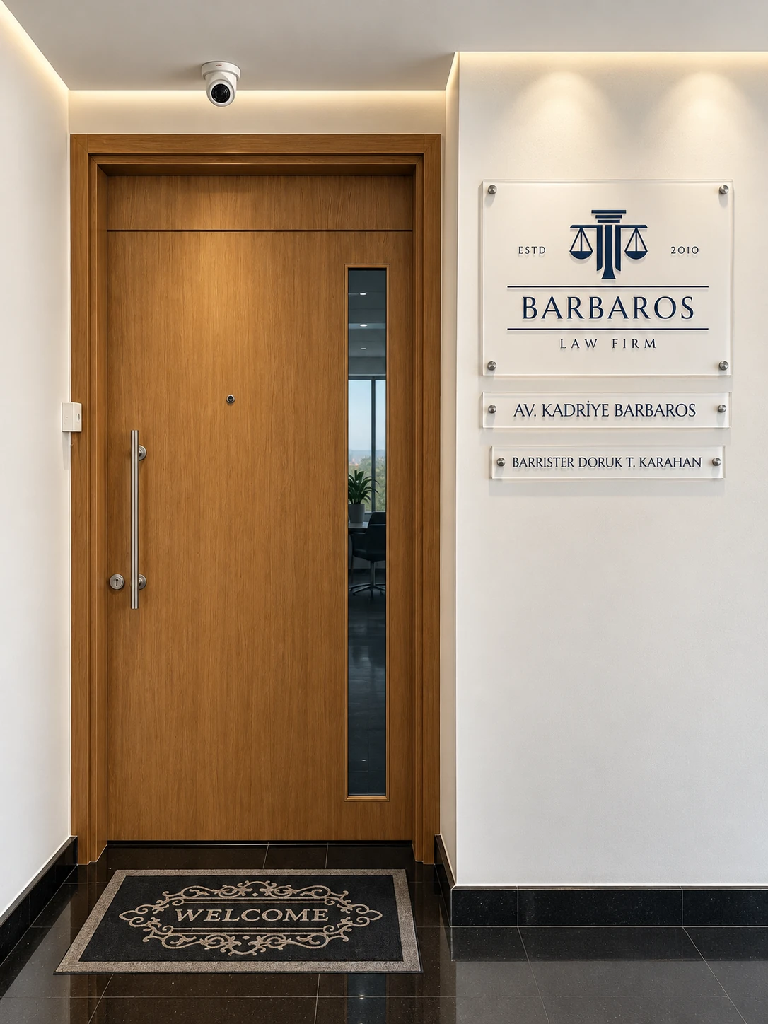 Barbaros Law Firm entrance with a timber door and wall signage for Av. Kadriye Barbaros and Barrister Doruk T. Karahan