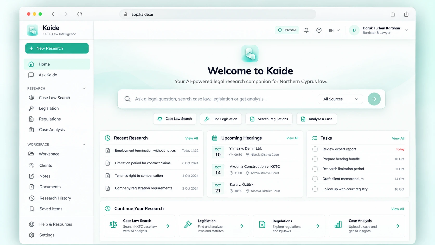 The KAIDE workspace, showing legal research, legislation, regulations and case analysis tools